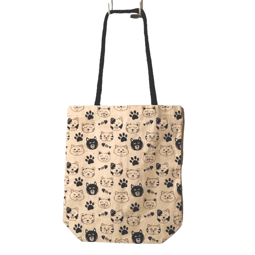 TOTE BAG Kitty Cat Canvas Reusable Shoulder Bag Cream Black Halloween 13 x 15 in